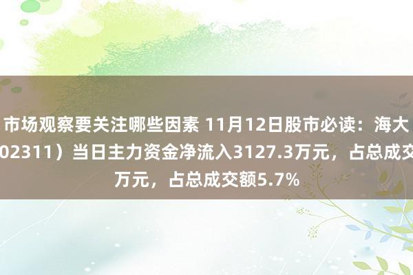 市场观察要关注哪些因素 11月12日股市必读：海大集团（002311）当日主力资金净流入3127.3万元，占总成交额5.7%