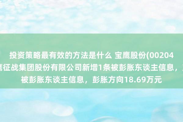 投资策略最有效的方法是什么 宝鹰股份(002047)控股的深圳市宝鹰征战集团股份有限公司新增1条被彭胀东谈主信息，彭胀方向18.69万元