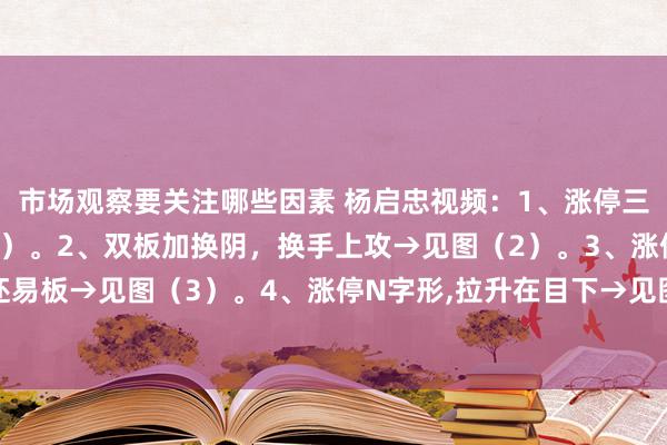 市场观察要关注哪些因素 杨启忠视频：1、涨停三法，上升奋勉→见图（1）。2、双板加换阴，换手上攻→见图（2）。3、涨停小碎阳，控盘还易板→见图（3）。4、涨停N字形,拉升在目下→见图（4）。5、涨停双星，冲突易涨停→见...